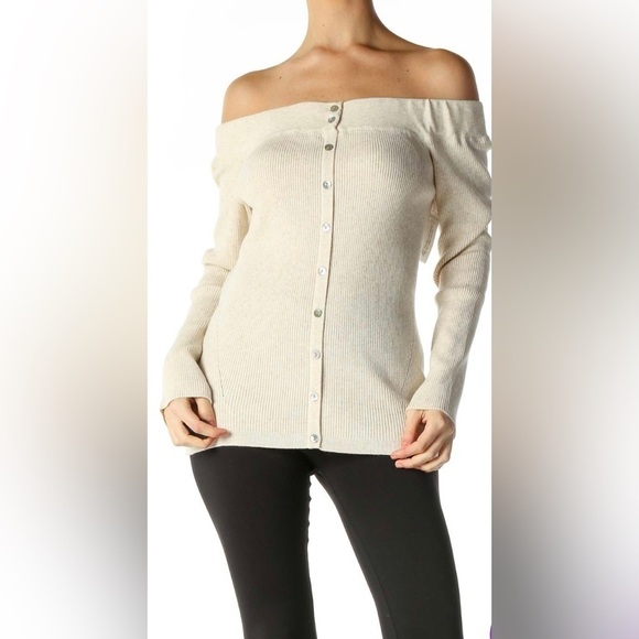 Boston Proper Sweater Womens Size Small Beige Textured Ribbed Off Shoulder - Picture 1 of 10
